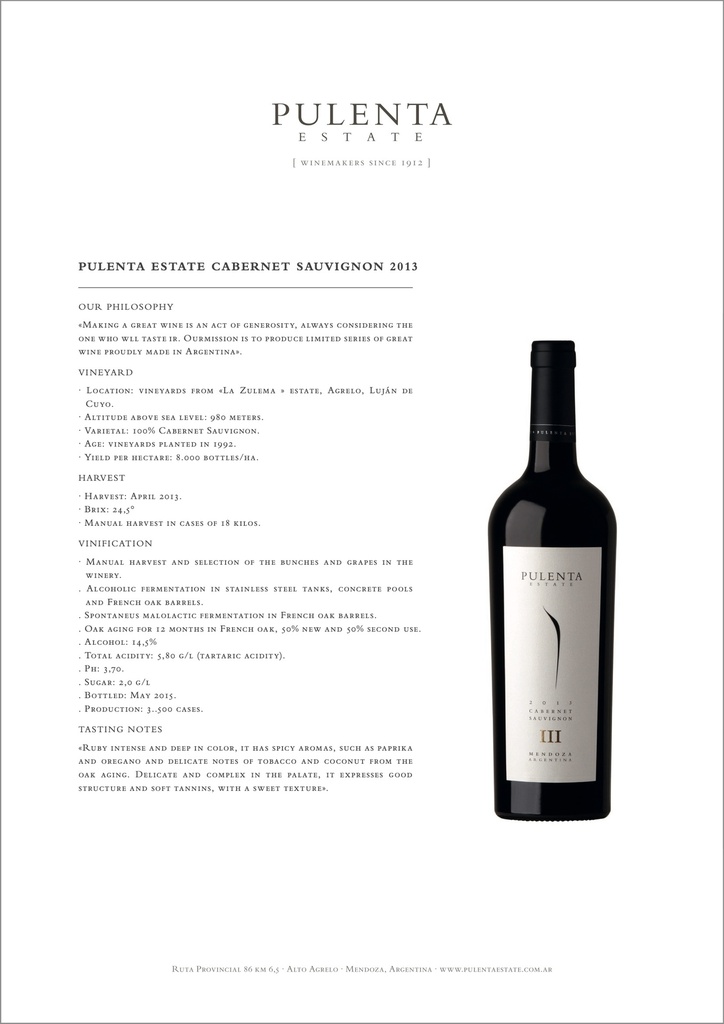 Cabernet Sauvignon, Pulenta Estates