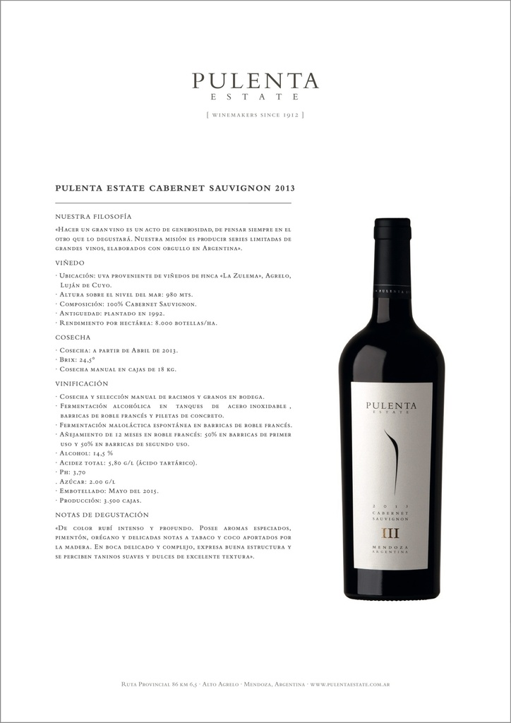 Cabernet Sauvignon, Pulenta Estates