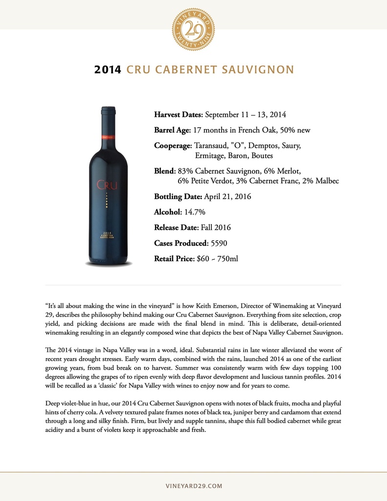 Cru Cabernet Sauvignon, Vineyard 29 