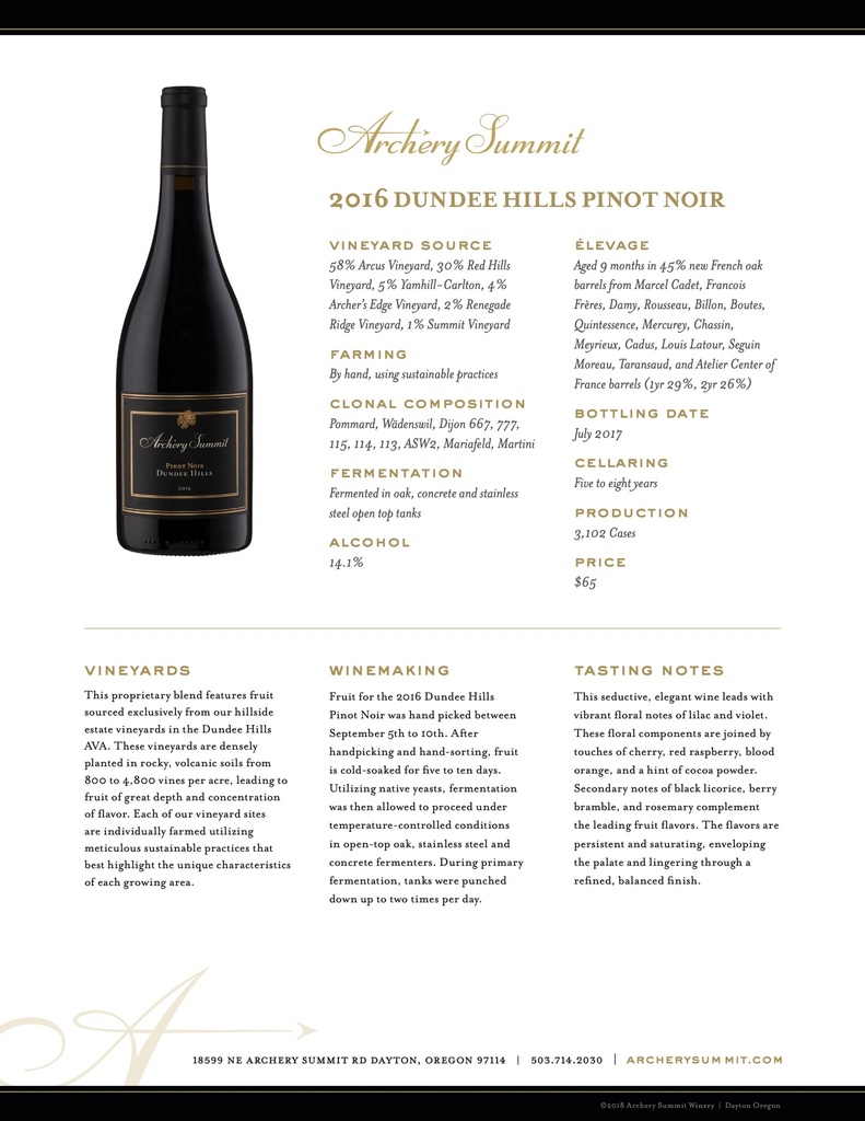 Dundee Hills Pinot Noir, Archery Summit 