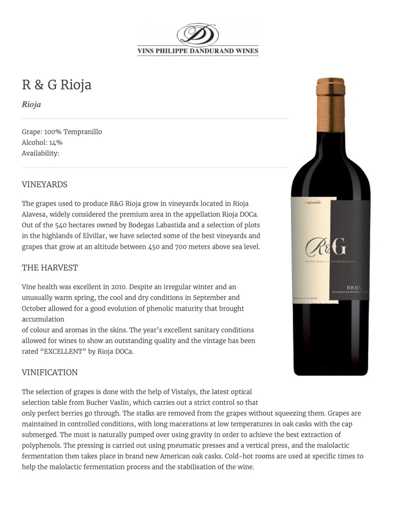 R&amp;G Rioja Tempranillo, Michel Rolland - Javier Galarreta